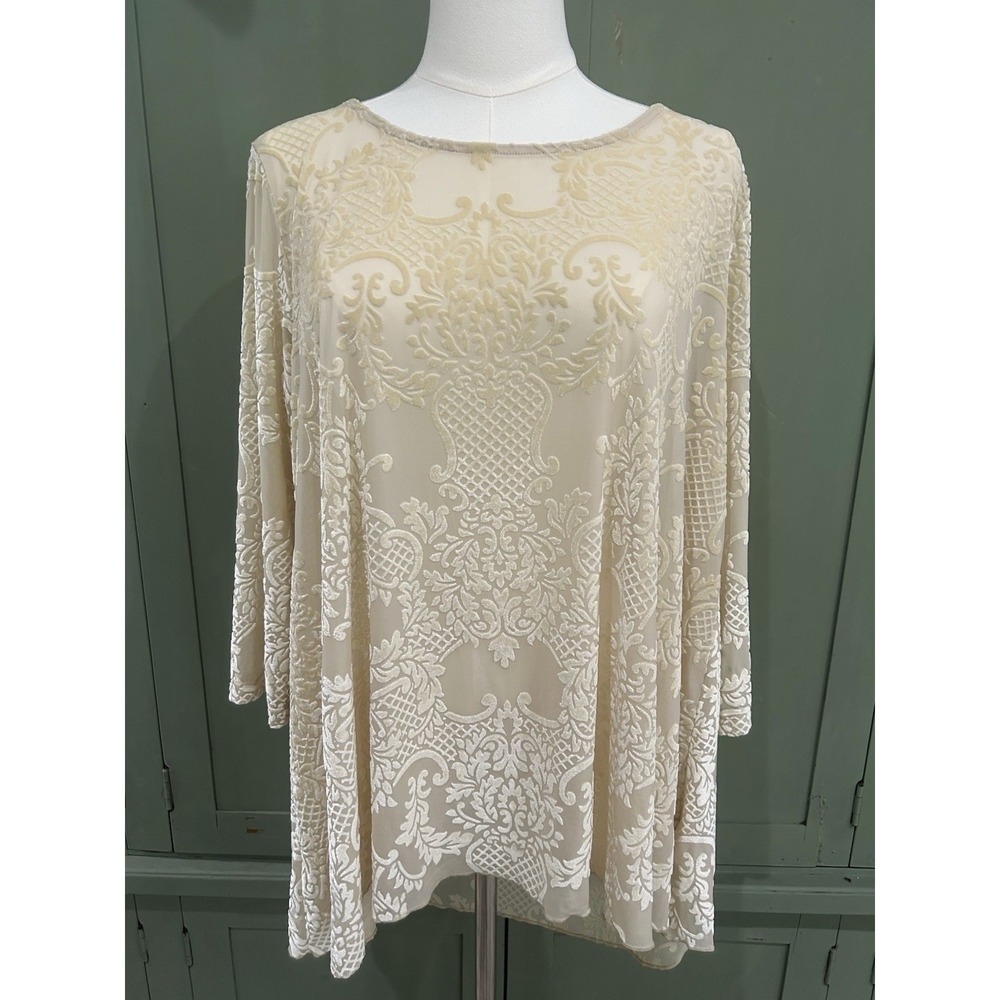 Women's Cream Sheer Velvet Burnout Tunic Top Size L Boho Feminine Ethereal Fairy